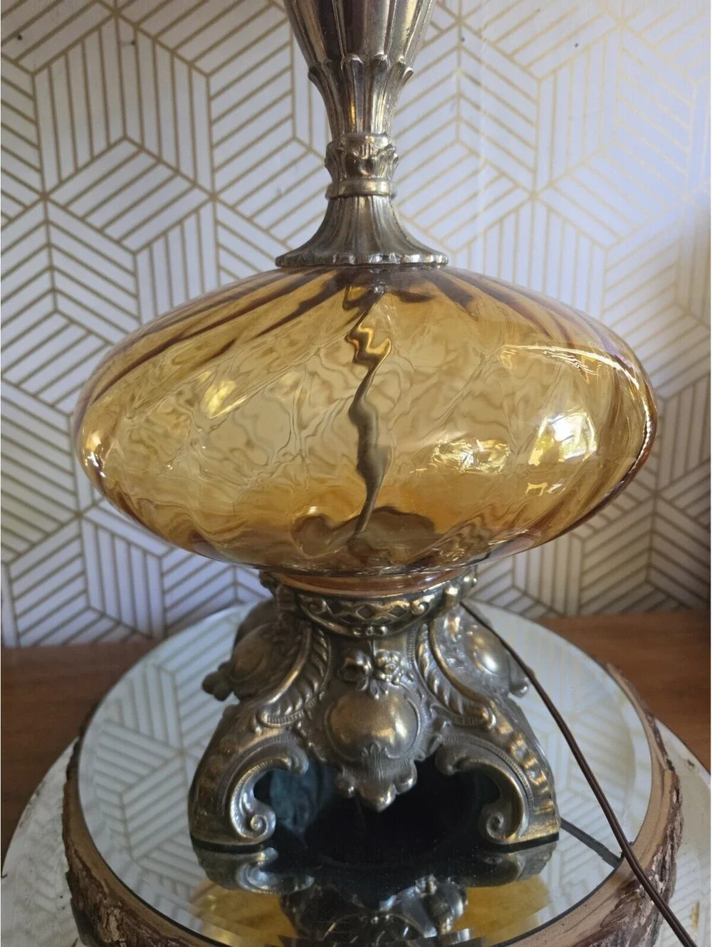 Vintage Midcentury Hollywood Regency Amber Glass Optic Swirl Globe Table Lamp